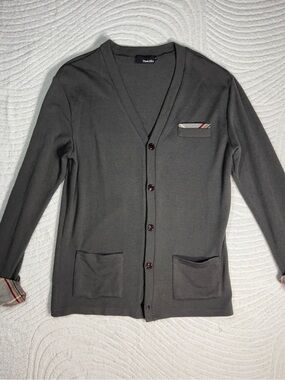 TheLEEs Men’s Gray Knit V-Neck Button Front Cardigan Sweater Size L